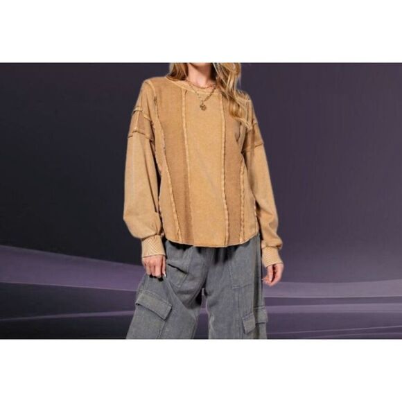 EASEL NWT  "Comfort Country" Cotton Terry Knit Mineral Wash Top Raw Seams sz M - Picture 1 of 7
